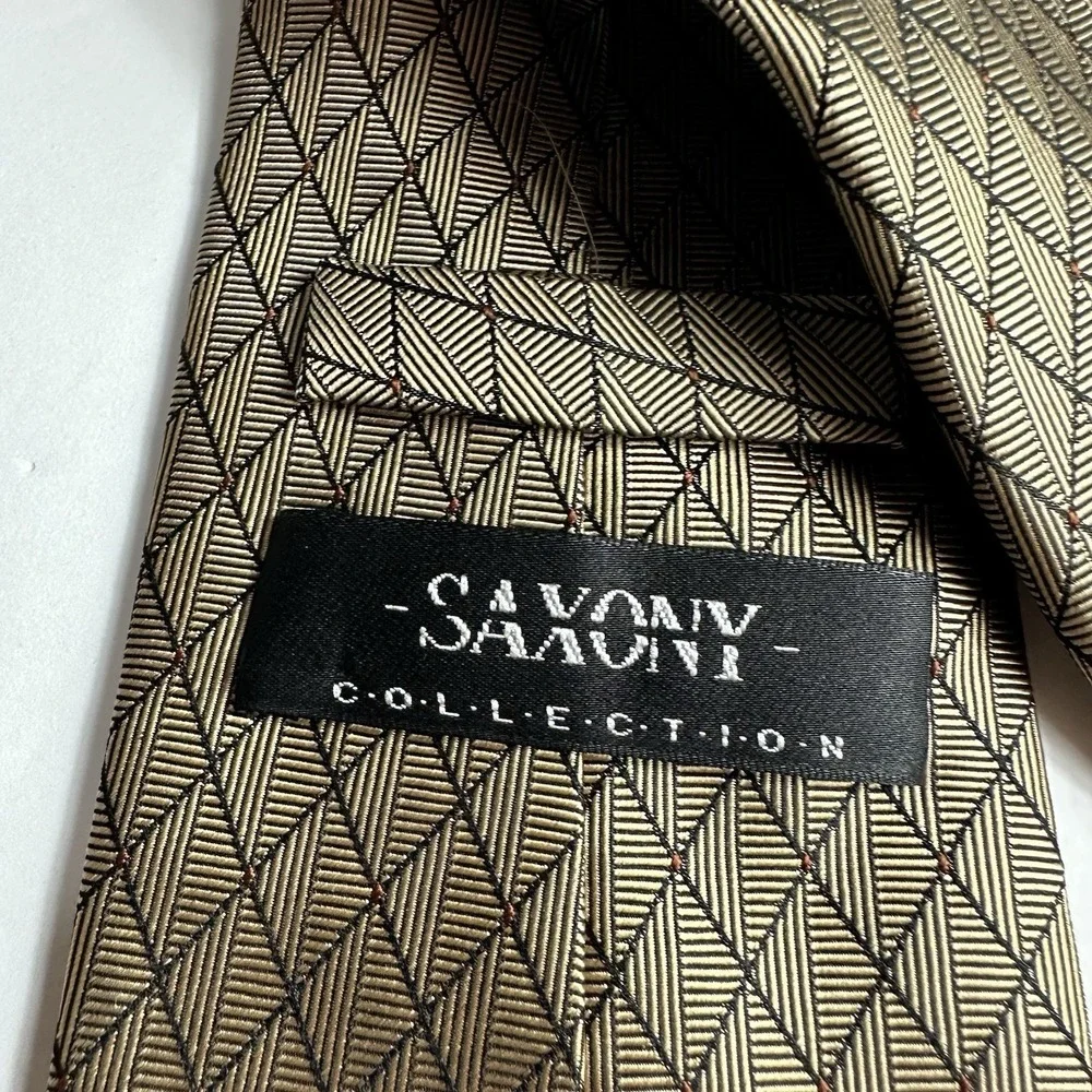 Saxony Collection Mens Tie Silk Necktie 58 Long Gold Brown Geometric Career Work